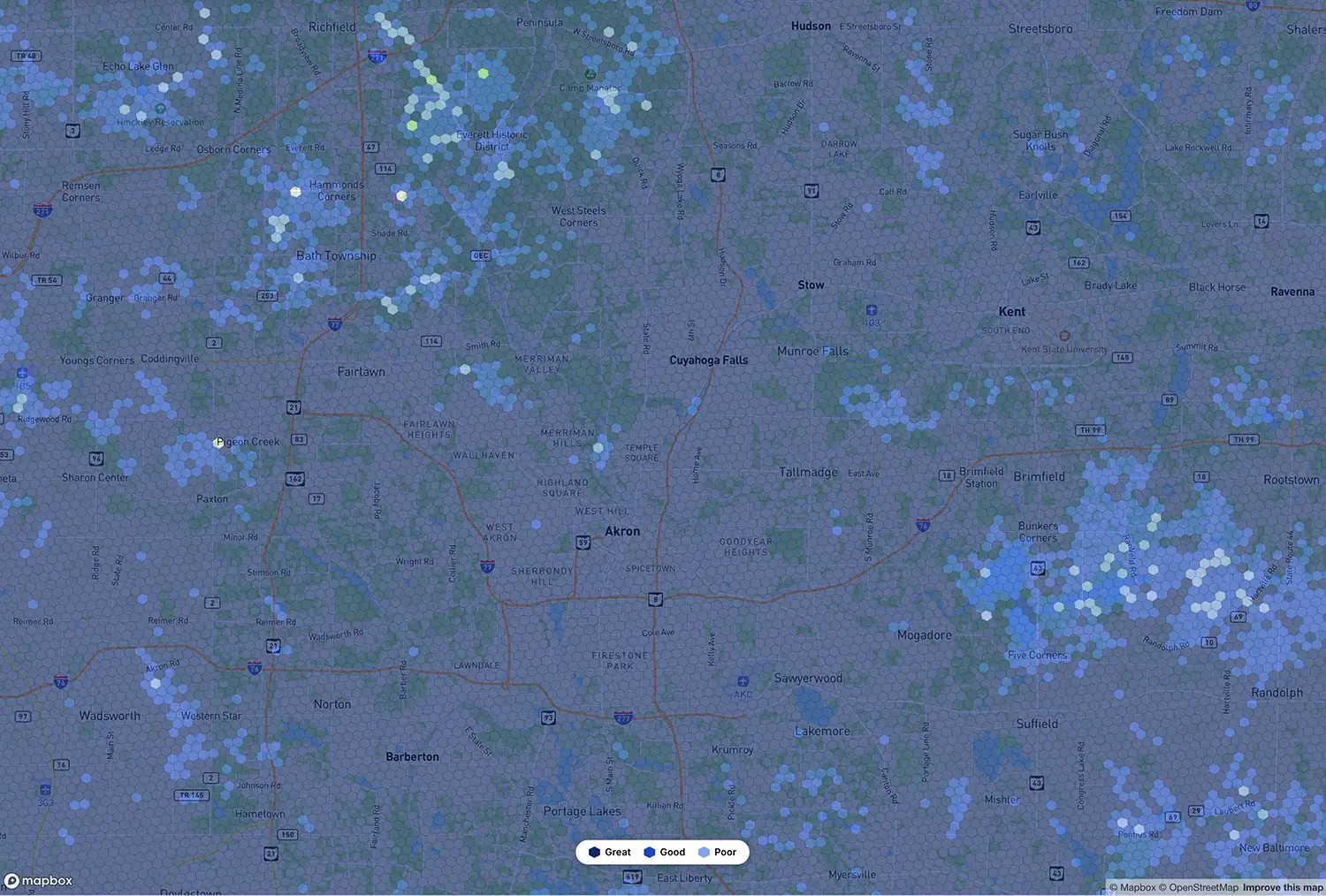 Cellular coverage map of Akron